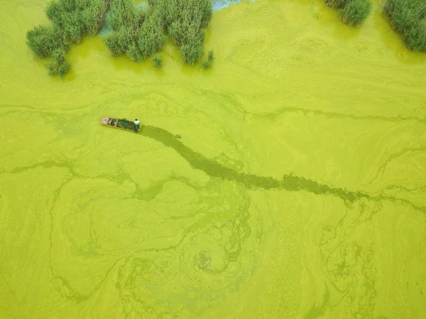 Luchtfoto Van Een Boot Zeilen Het Taihu Lake Vallende Blauw — Stockfoto