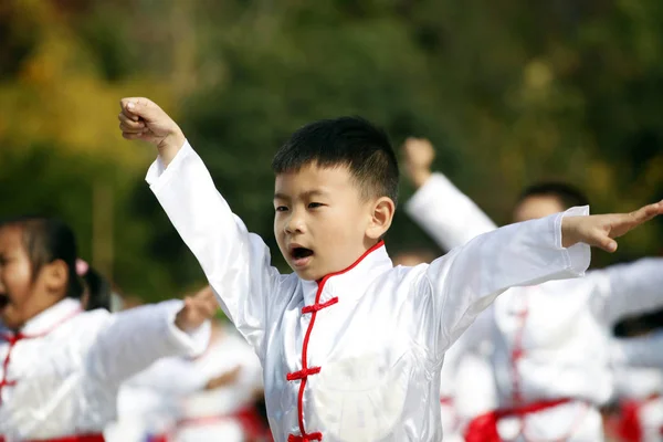 Los Niños Chinos Realizan Artes Marciales Durante Una Actuación Ciudad —  Fotos de Stock