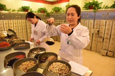 Chinese pharmaceutists dispense traditional Chinese medicine at a TCM pharmacy in Shijiazhuang city, north China's Hebei province, 22 December 2017 clipart
