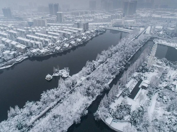 Aerial View Binhu Wetland Forest Park Snow Hefei City East — Stock Photo, Image