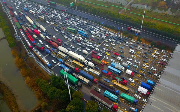 Aerial View Masses Vehicles Queue Pass Toll Station Expressway New — Stock Photo, Image