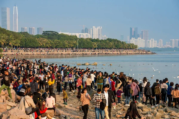 Turisti Affollano Parco Della Baia Shenzhen Durante Vacanze Capodanno Nella — Foto Stock