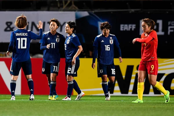 Tanaka Mina Second Left Japan Celebrate Her Teammates Scoring China — Stock Photo, Image