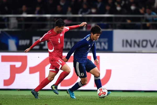 Jogador Japão Certo Desafia Pak Myong Song Coreia Norte Durante — Fotografia de Stock