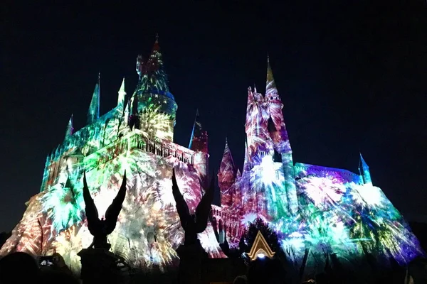 Вид Замок Світлове Шоу Під Час Різдвяних Свят Всесвітній Курорт — стокове фото