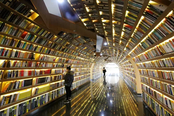 Vista Interna Del Canale Del Lettore Pieno Libri Nella Biblioteca — Foto Stock