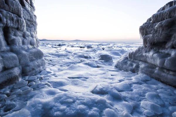 Krajobraz Gęstego Lodu Morskiego Zamarzniętej Powierzchni Morza Morzu Bohai Mieście — Zdjęcie stockowe