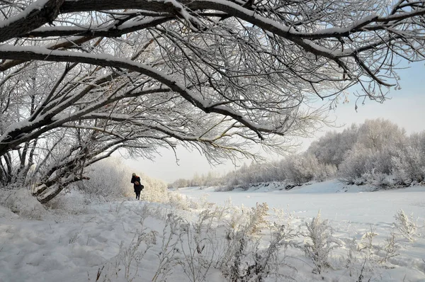 Турист Приймає Фотографії Снігу Річці Жадун Yakeshi Гуунібуар Внутрішня Монголія — стокове фото