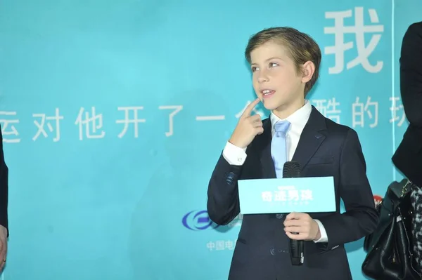 Kanadensiska Skådespelaren Jacob Tremblay Sköter Presskonferens För Att Främja Hans — Stockfoto