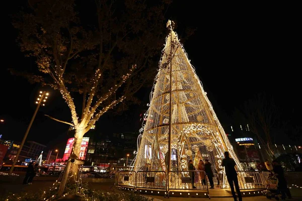 Visitantes Tiram Fotos Com Árvore Natal Metros Altura Decorada Com — Fotografia de Stock