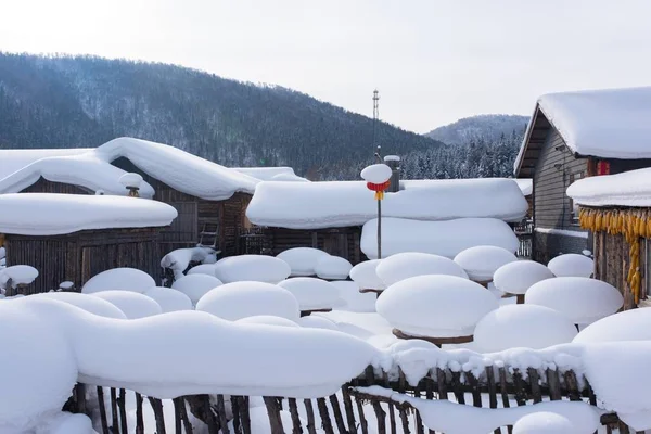 Cabine Tronchi Innevati Funghi Della Neve Sono Visti Nella Località — Foto Stock
