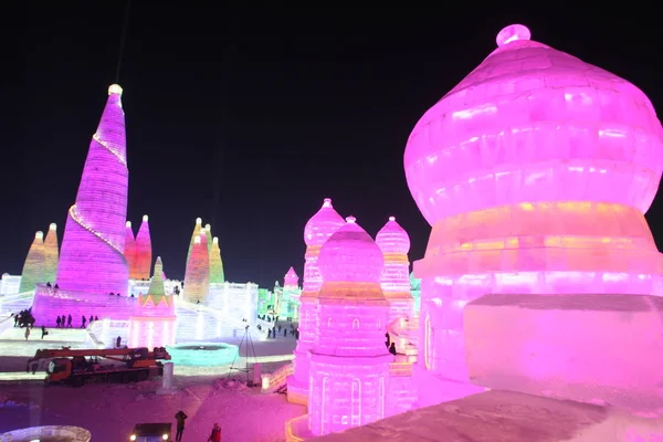 Vista Aérea Las Esculturas Hielo Iluminadas 19º Harbin Ice Snow — Foto de Stock