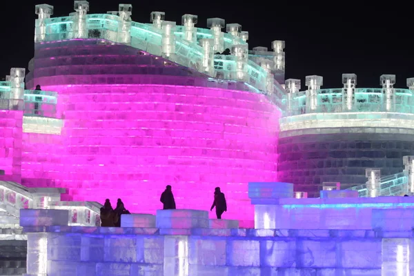 Tourists Look Illuminated Ice Sculptures 19Th Harbin Ice Snow World — Stock Photo, Image