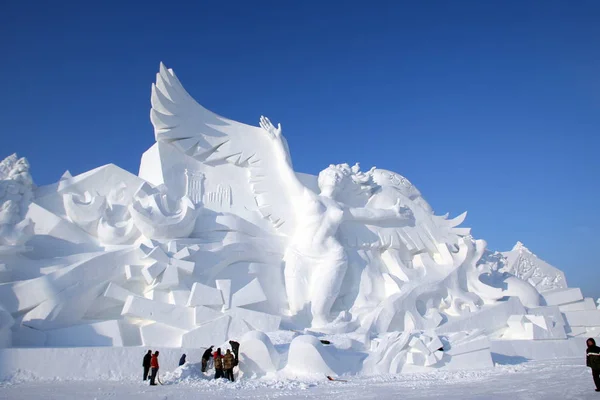 Obrovská Sněhová Socha Zimní Olympijské Hry Sněhové Písně Severovýchodní Čínská — Stock fotografie