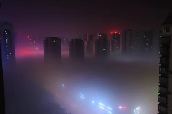 Aerial View Dense Fog Engulfing Shenyang City Northeast China Liaoning — Stock Photo, Image