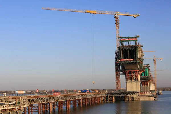 View Construction Site Cuijiaying Hanjiang River Bridge Wuhan Shiyan High — стоковое фото