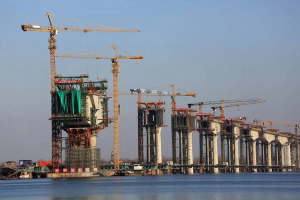 Vue Site Construction Pont Fleuve Cuijiaying Hanjiang Chemin Fer Grande — Photo