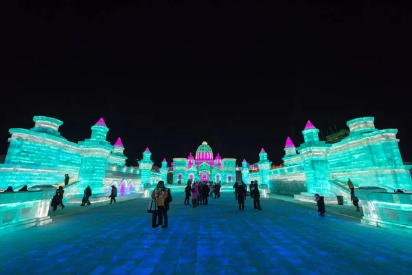 Nattvisning Belysta Skulpturer Displayen 19Th Kina Harbin Och Snö Världen — Stockfoto