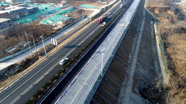Flygfoto Över Solpaneler Världens Första Solceller Expressway Konstruktion Nan City — Stockfoto