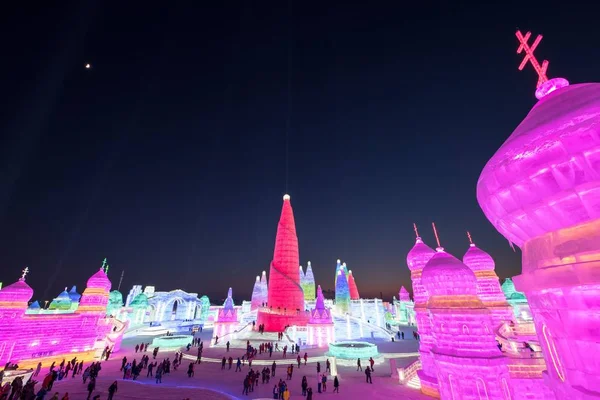 Nattvisning Belysta Skulpturer Displayen 19Th Kina Harbin Och Snö Världen — Stockfoto