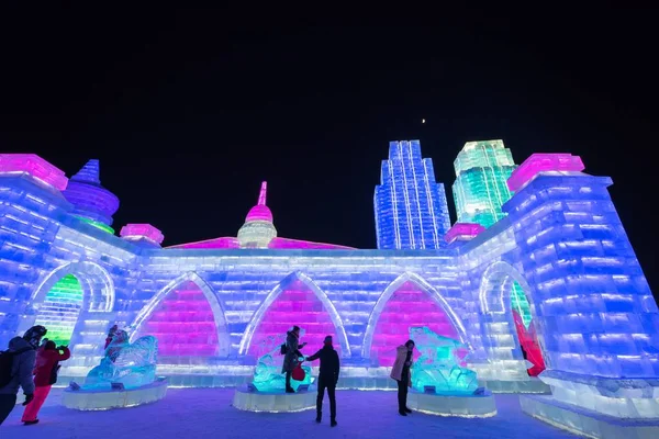 Night View Illuminated Ice Sculptures Display 19Th China Harbin Ice — Stock Photo, Image