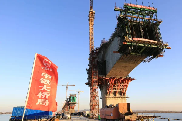 Vue Site Construction Pont Fleuve Cuijiaying Hanjiang Chemin Fer Grande — Photo