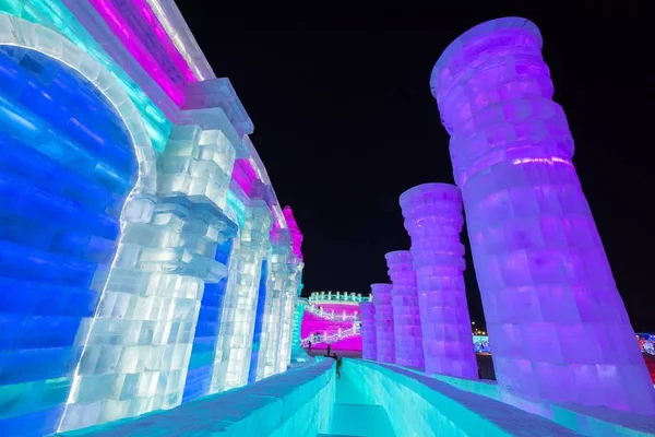 Night View Illuminated Ice Sculptures Display 19Th China Harbin Ice — стоковое фото