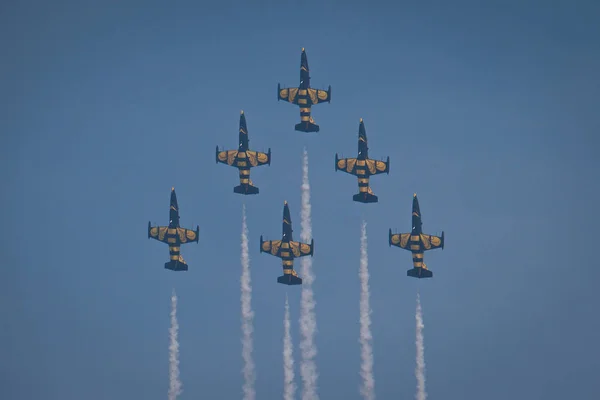 Latvian Aerobatics Wingwalking Team Baltic Bees Perform Acrobatics Flying Plane — Stock Photo, Image