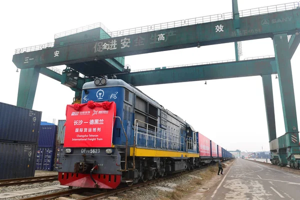 Tren Carga China Railway Express Que Desde Changsha Teherán Representa —  Fotos de Stock