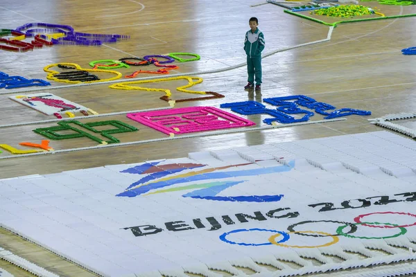 Estudiante Posa Con Reacción Cadena Dominó Temática Winter Olympics Dream — Foto de Stock