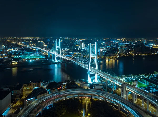 Вид Воздуха Мост Нанпу Через Реку Хуанпу Ночью Шанхае Китай — стоковое фото