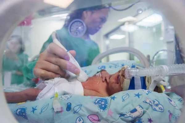 Flickan Trillingar Födda Årig Kvinna Ses Inkubator Ett Sjukhus Chengdu — Stockfoto