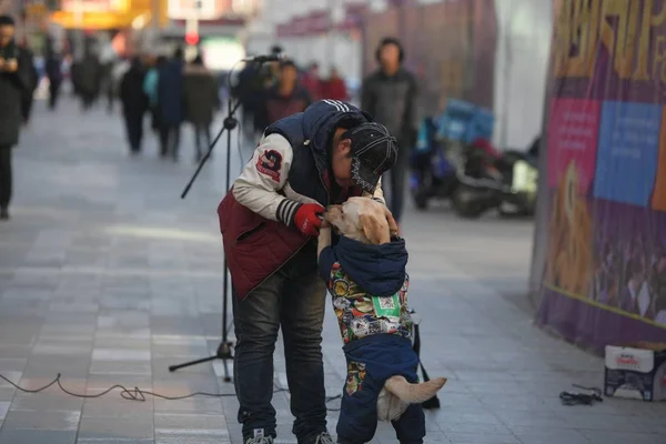 Labrador Wearing Coat Code Mobile Payment Service Wechat Pay Beg — стоковое фото