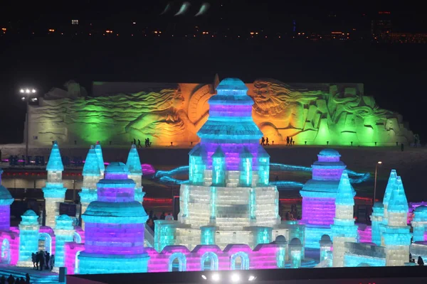 Vista Esculturas Gelo Parque Mundial Neve Gelo Cidade Harbin Nordeste — Fotografia de Stock