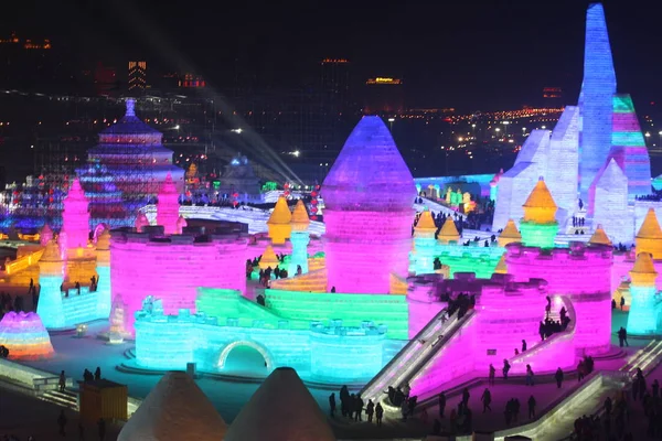 Vista Esculturas Gelo Parque Mundial Neve Gelo Cidade Harbin Nordeste — Fotografia de Stock