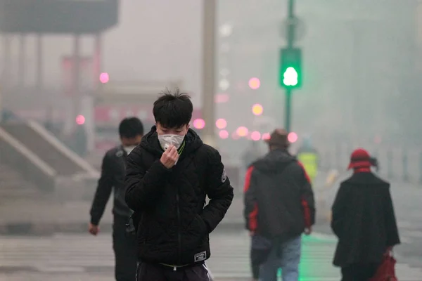 ファイル 大気汚染に対するフェイスマスクを着用した地元住民が 中国北東部の黒龍江省ハルビン市の道路を歩く 2017年11月7日 — ストック写真