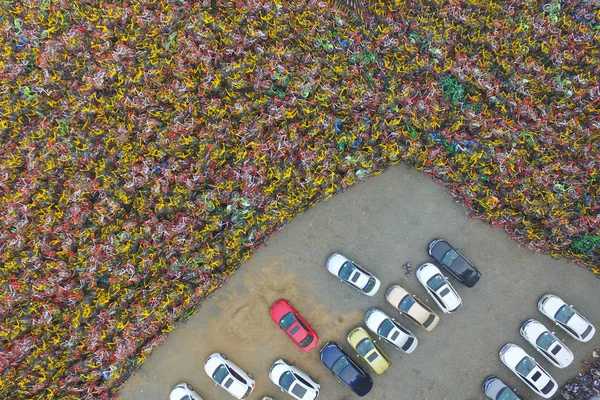 Aerial View Tens Thousands Abandoned Shared Bikes Piled Parking Lot — Stock Photo, Image