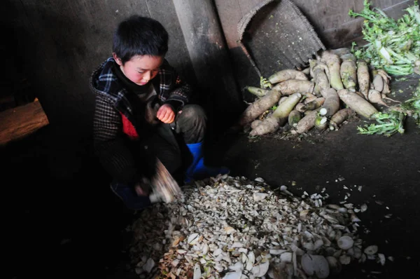 Yaşındaki Büyükannesiyle Birlikte Yaşayan Yedi Yaşındaki Zhang Luoai Gantian Köyü — Stok fotoğraf