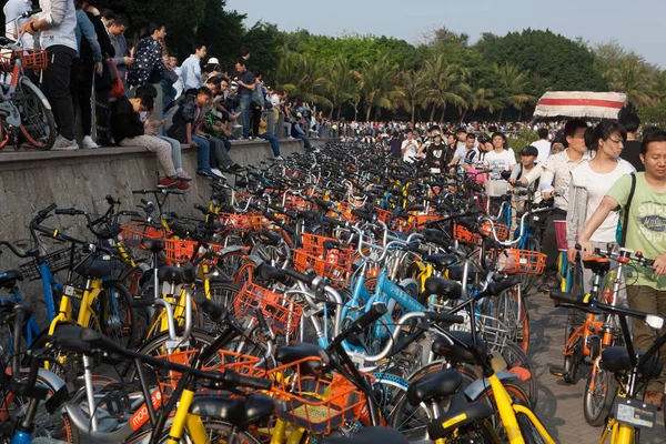 Los Turistas Las Bicicletas Los Servicios Para Compartir Bicicletas Llenan —  Fotos de Stock