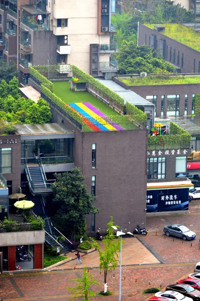Luftaufnahme Eines Bunten Spielplatzes Auf Dem Dach Eines Privaten Kindergartens — Stockfoto