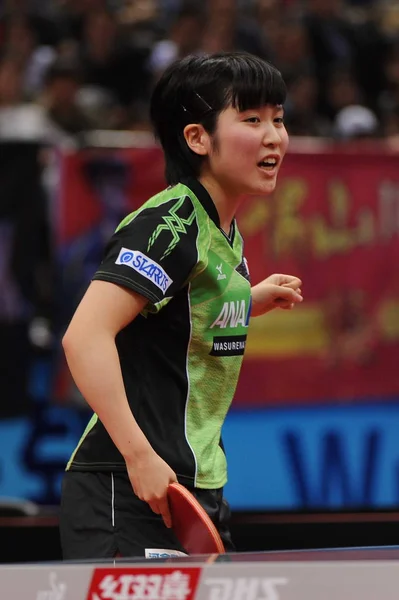 stock image Miu Hirano of Japan reacts after scoring against Chen Meng of China in their women's singles final during the Seamaster 23rd ITTF - Asian Table Tennis Championships 2017 in Wuxi city, east China's Jiangsu province, 15 April 2017