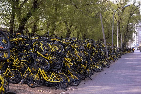 Beschädigte Fahrräder Des Chinesischen Fahrradverleihdienstes Ofo Stapeln Sich Einer Wartungsstation — Stockfoto