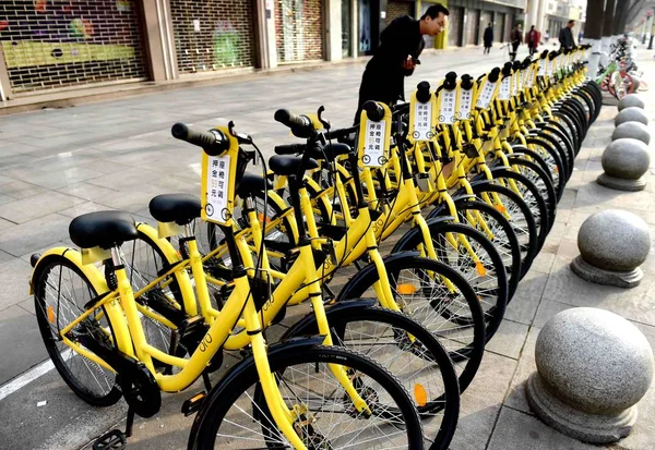 File Chinese Man Looks Bicycles Chinese Bike Sharing Service Ofo — Stock Photo, Image