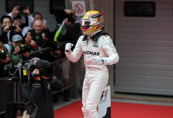 Pilote Britannique Lewis Hamilton Mercedes Célèbre Après Avoir Remporté Grand — Photo