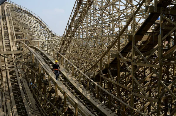 Worm Eye View Construction Site Wooden Roller Coaster Chengdu Happy — Stock Photo, Image