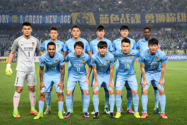 Гравці Стартовий Склад Китаю Цзянсу Suning Створюють Перед Конкурувати Південної — стокове фото