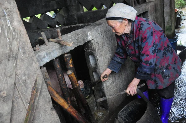 Yedi Yaşındaki Zhang Luoai Nin Yaşındaki Büyükannesi Gantian Köyü Youyang — Stok fotoğraf