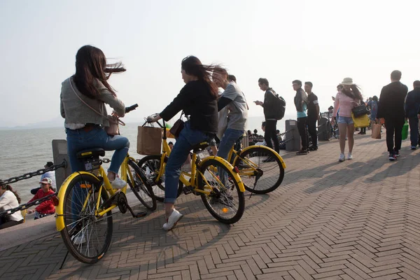 Les Touristes Les Vélos Des Services Partage Vélos Fréquentent Parc — Photo