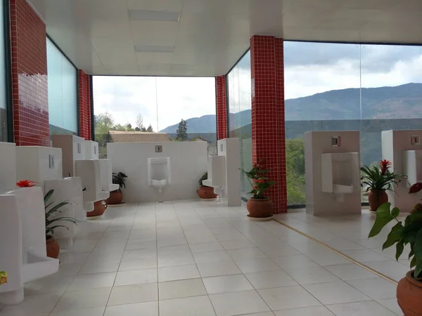 Vue Intérieure Une Toilette Transparente Avec Des Murs Verre Pour — Photo