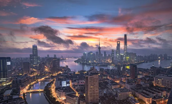 Skyline Puxi Huangpu River Lujiazui Financial District Shanghai Tower Tallest — Foto de Stock